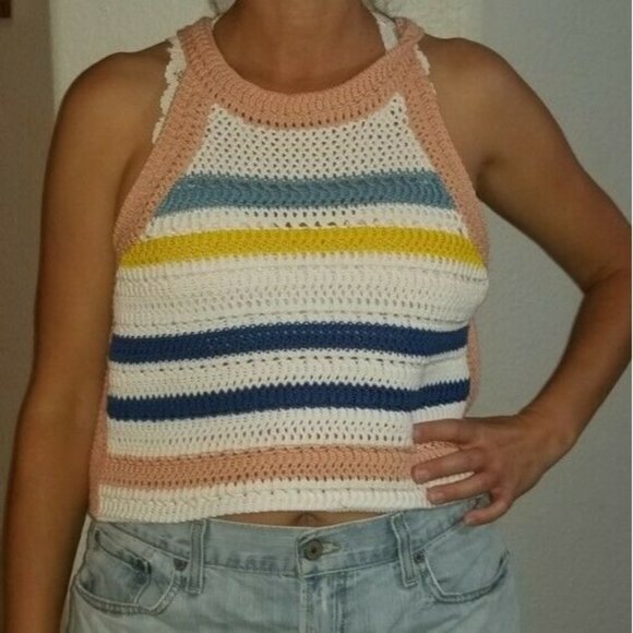 BCBGeneration Crochet Summer Crop Top NWT Medium White Knit Blue Stripe Tank - Picture 1 of 9